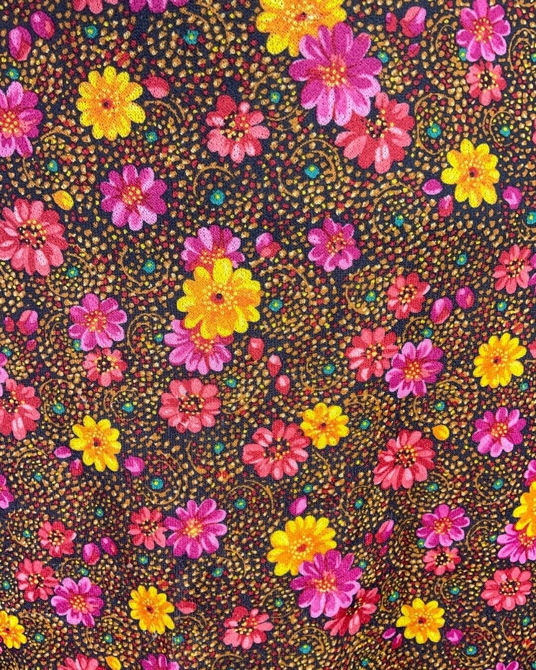 VINTAGE 60s 70s BROWN PINK YELLOW DOTTY FLORAL KNEE-LENGTH FLARED SKIRT 6