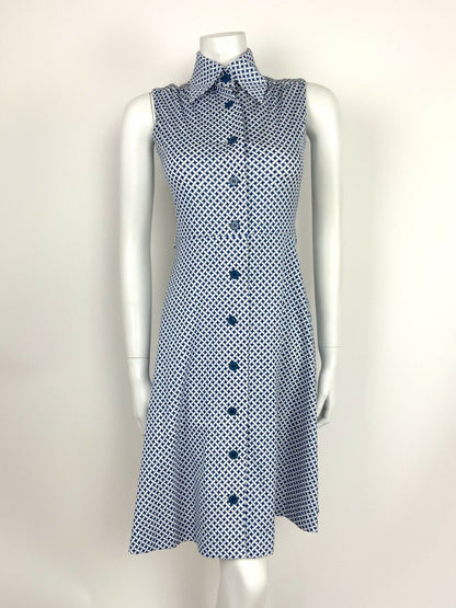 VTG 60s 70s MOD BLUE WHITE BASKET WEAVE OP-ART DAGGER COLLAR SHIRT DRESS 8 10