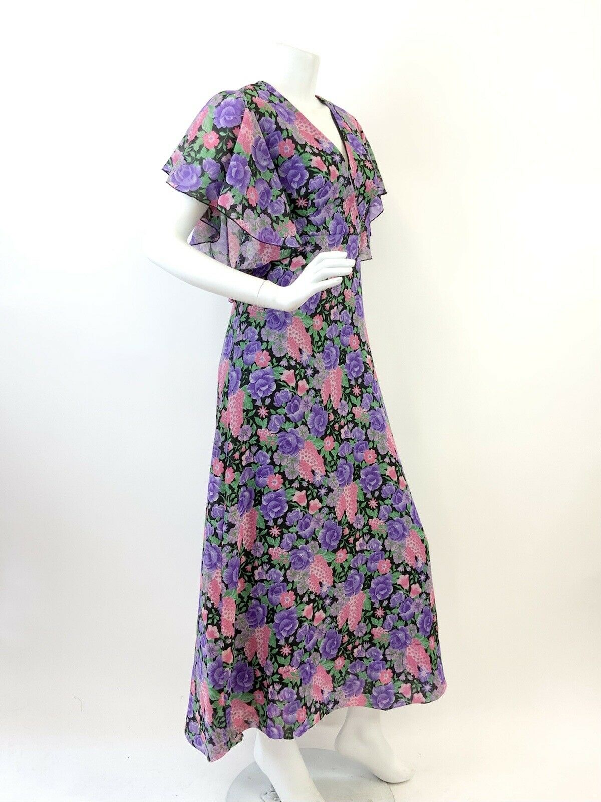 VINTAGE 60s 70s PURPLE PINK BLACK FLORAL SHEER CAPE SLEEVE MAXI DRESS 8 10