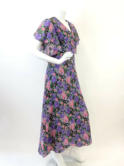 VINTAGE 60s 70s PURPLE PINK BLACK FLORAL SHEER CAPE SLEEVE MAXI DRESS 8 10