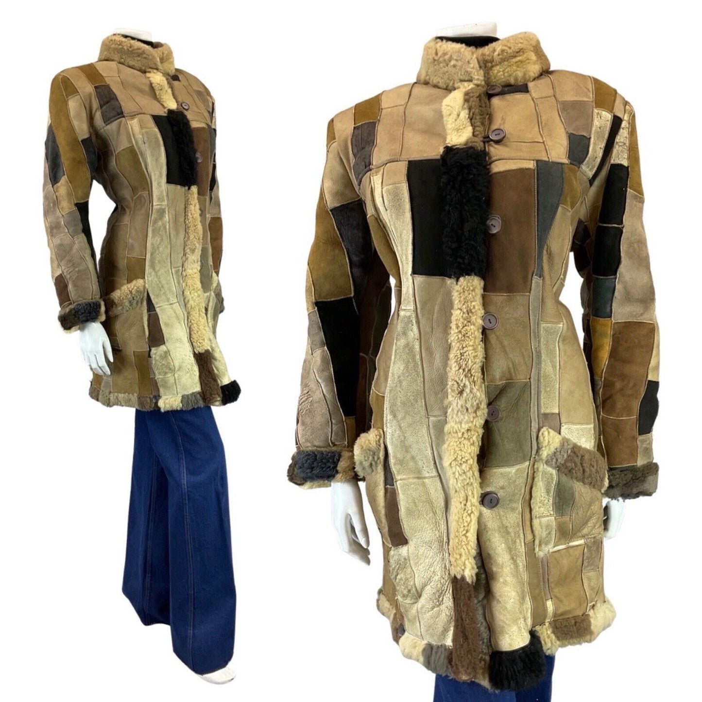 VINTAGE 70s 80s BROWN GREY PATCHWORK BOHO SUEDE LEATHER SHEARLING COAT 14