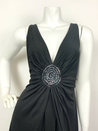 VINTAGE 60s 70s BLACK IRIDESCENT SEQUIN SPIRAL PLUNGE GLAM GOWN MAXI DRESS 6 8