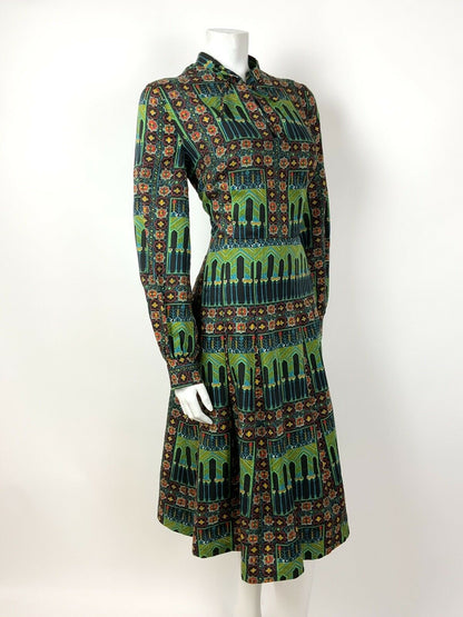 VTG 60s 70s BLACK GREEN YELLOW RED MOROCCAN TILE PSYCHEDELIC DRESS 12 14