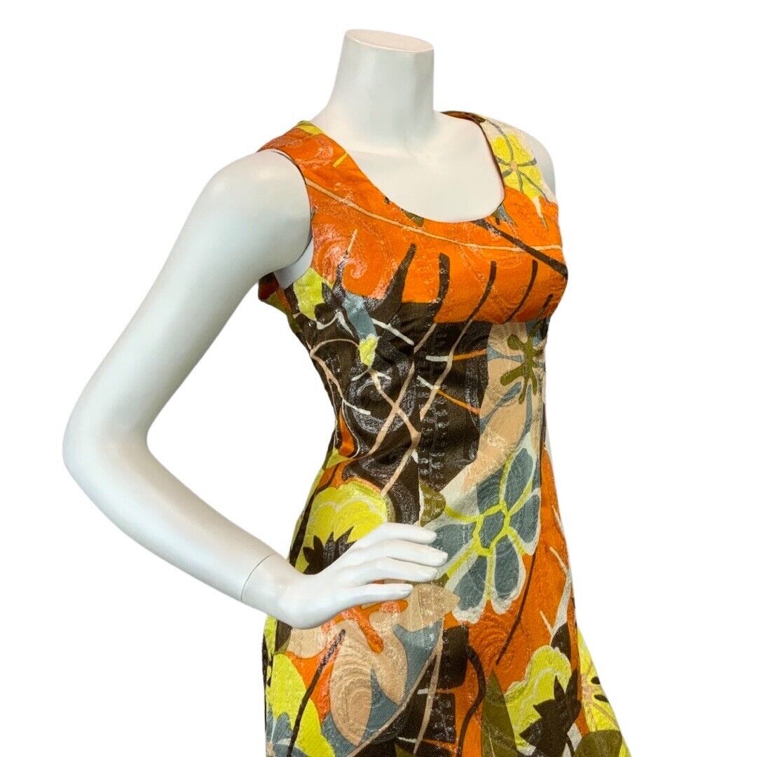 VINTAGE 60s 70s BROWN ORANGE YELLOW PSYCHEDELIC FLORAL LUREX MOD MAXI DRESS 10