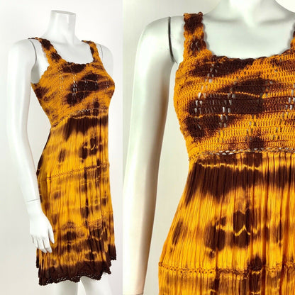 VINTAGE 60s 70s YELLOW BROWN CROCHETED TIE-DYE SUMMER SLEEVELESS BOHO DRESS 8