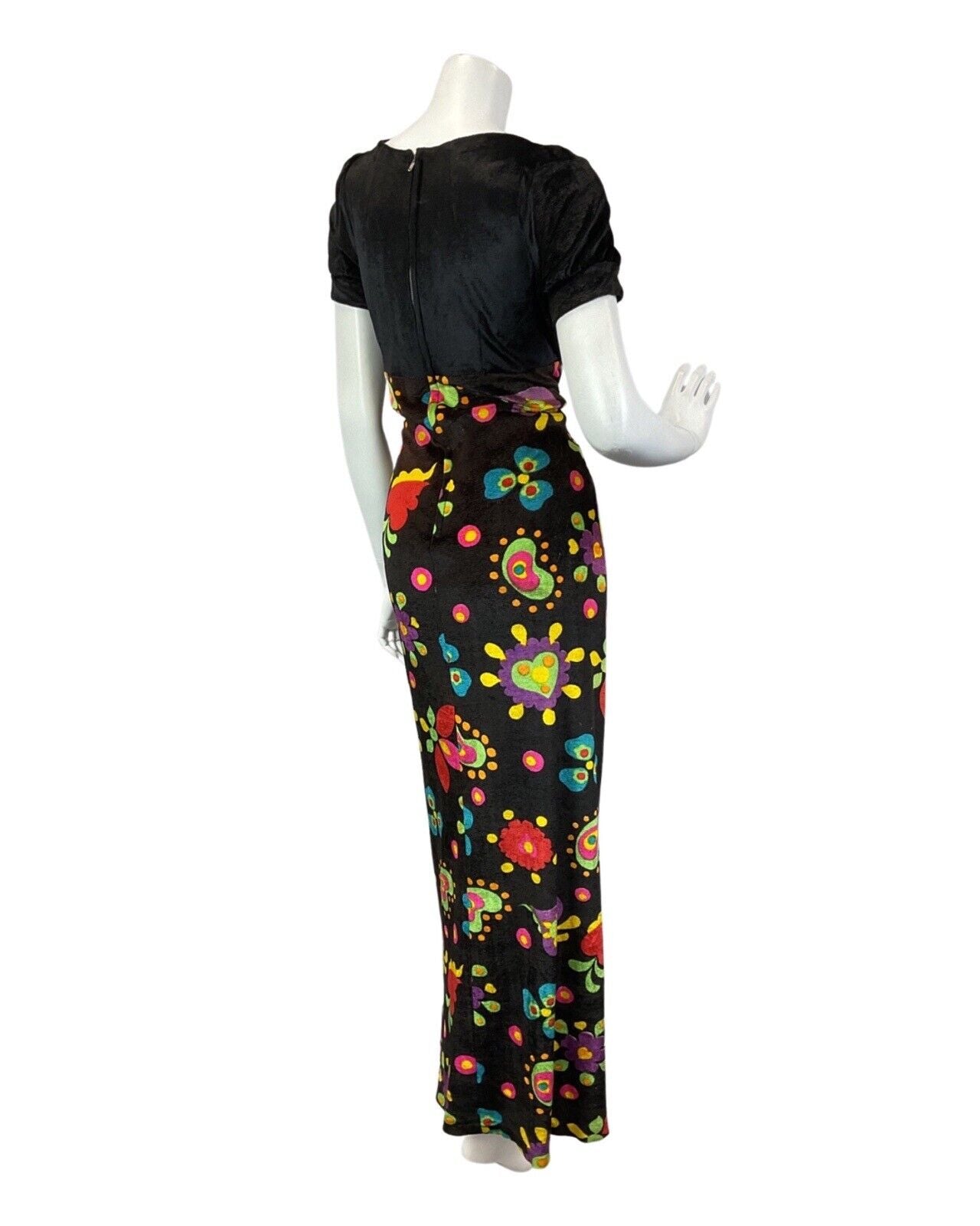 VINTAGE 60s 70s BLACK BLUE PINK FLOWER POWER MOD EMPIRE VELVET MAXI DRESS 10 12