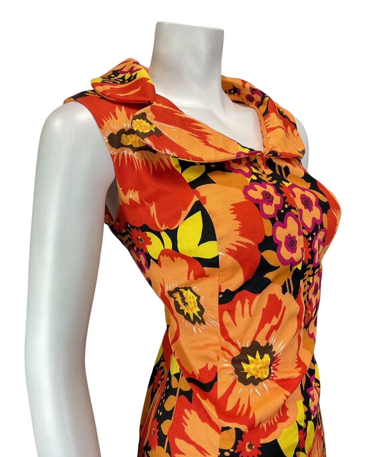 VTG 60s 70s ORANGE RED BLACK PSYCHEDELIC FLORAL CLOVER COLLAR MOD DRESS 12 14