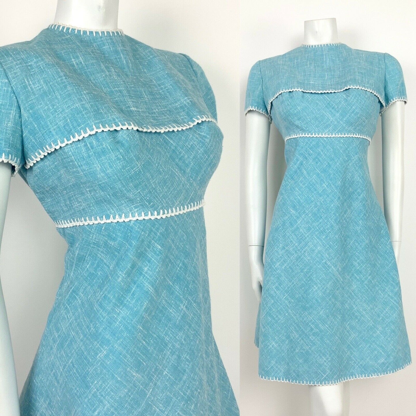 VTG 60s 70s BABY BLUE WHITE COTTON LINEN BLANKET STITCH PRINCESS LINE DRESS 10