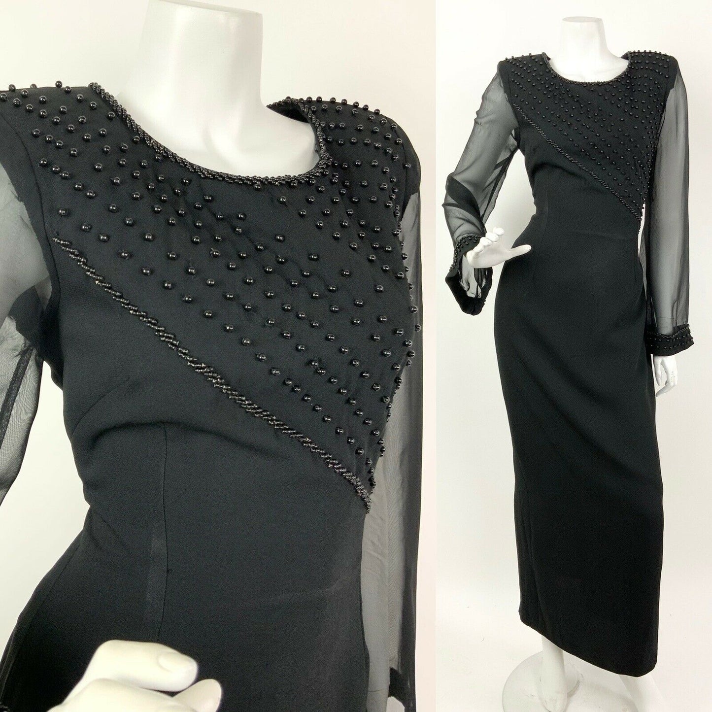 VINTAGE 70s 80s BLACK BEADED SHEER ELEGANT GOWN DRESS 8 10