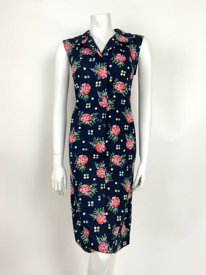 VTG 60s 70s FLORAL POLKA DOT BLUE PINK YELLOW GREEN SHIRT SHIFT DRESS 12