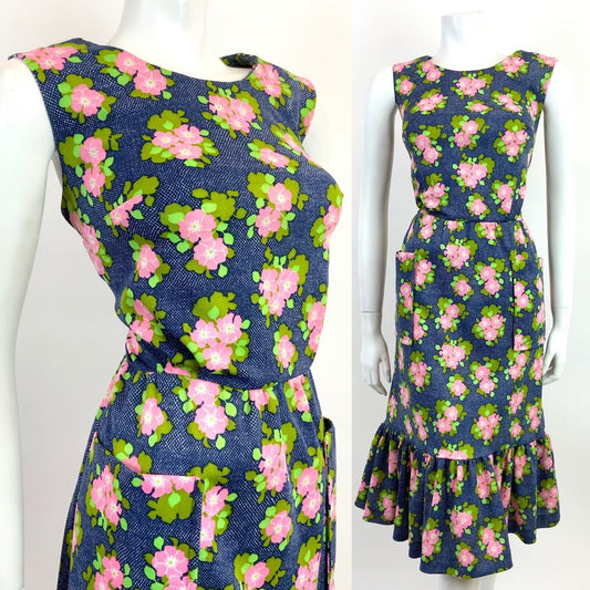 VINTAGE 60s 70s BLUE WHITE PINK CHECKERBOARD FLORAL SLEEVELESS RUFFLED DRESS 16