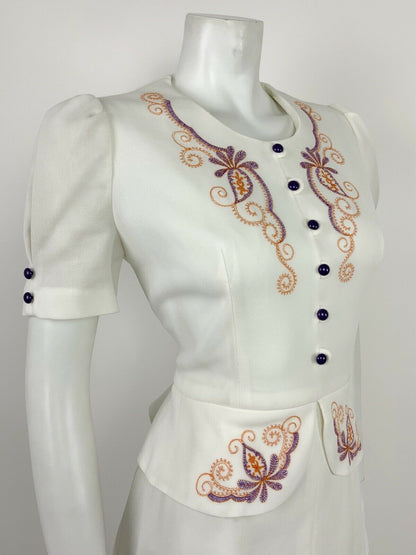 VTG 60s 70s WHITE PURPLE ORANGE EMBROIDERED FLORAL FOLK PAISLEY PEPLUM DRESS 14