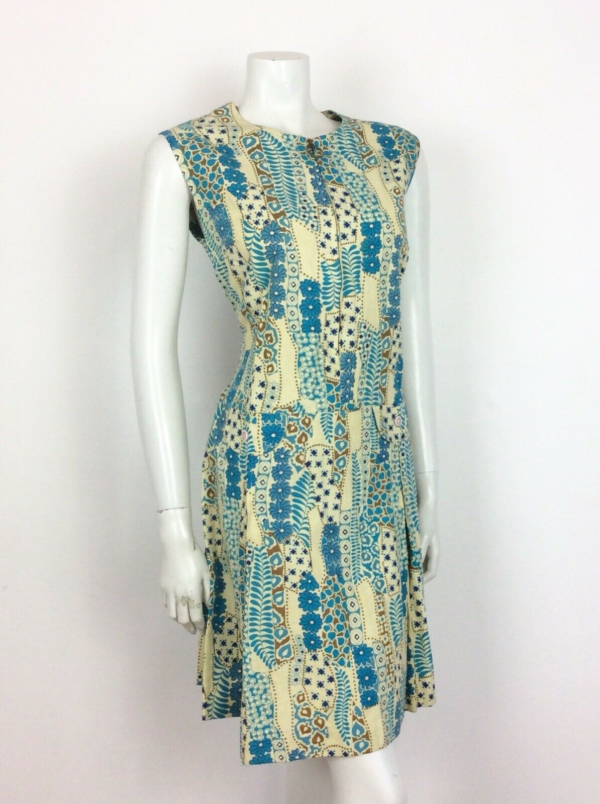 VINTAGE 60s 70s SHIFT DRESS ABSTRACT FLORAL PATCHWORK DITSY BLUE GOLD CREAM 14