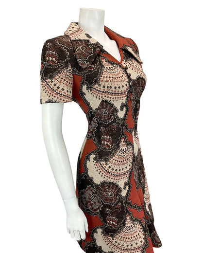 VTG 60S 70S BROWN BEIGE TAN METALLIC PSYCHEDELIC PRINT MOD MINI DRESS 10 12