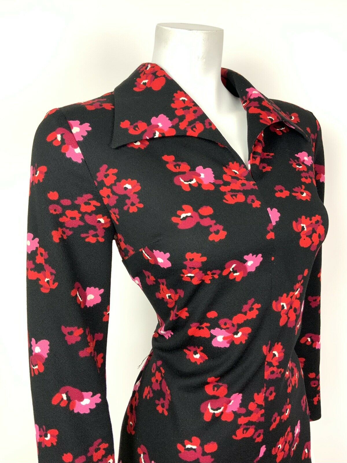 VINTAGE 60s 70s BLACK RED PINK PURPLE FLORAL WING COLLAR SHIFT DRESS 12 14