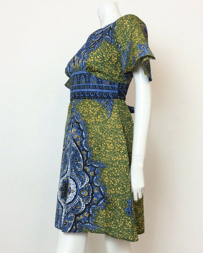 VINTAGE 70S GREEN BLUE YELLOW BATIK ETHNIC KAFTAN DRESS 10