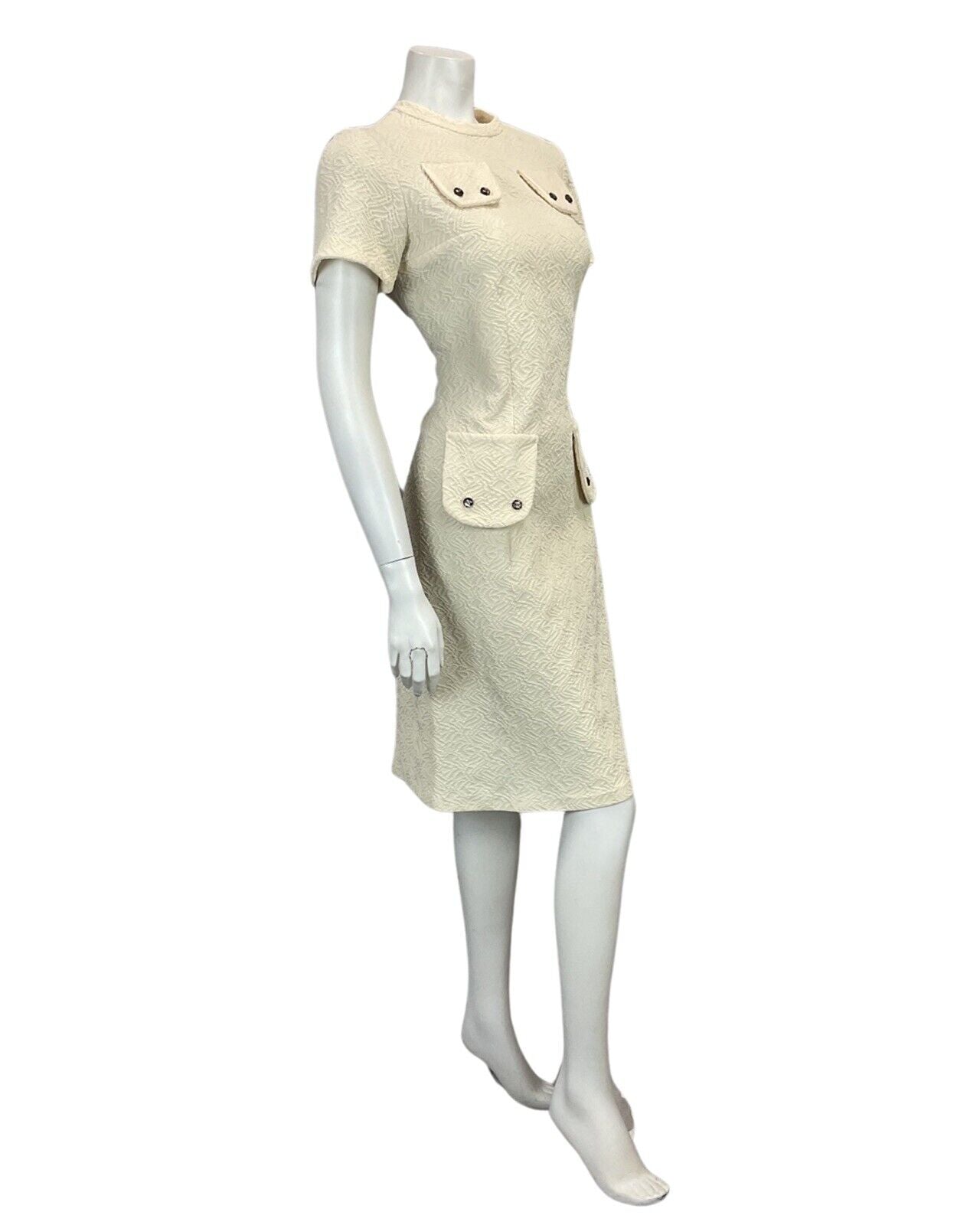 VINTAGE 60s 70s CREAM OFF WHITE TEXTURED MOD MIDI OCCASION DRESS 12