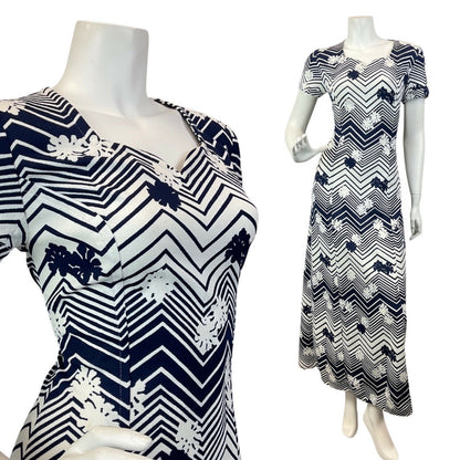 VINTAGE 60s 70s WHITE NAVY BLUE ZIG-ZAG FLORAL OP-ART MOD MAXI DRESS 10 12