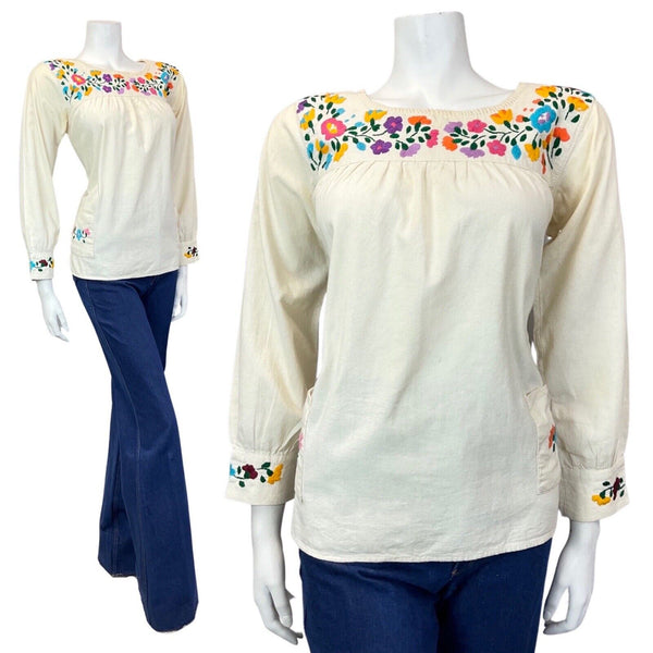 VINTAGE 60s 70s CREAM RED YELLOW FLORAL EMBROIDERED BOHO FOLK BLOUSE 10 12