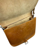 VINTAGE 60s 70s CAMEL BROWN STAMPED LEATHER GEOMETRIC BOHO SHOULDER BAG