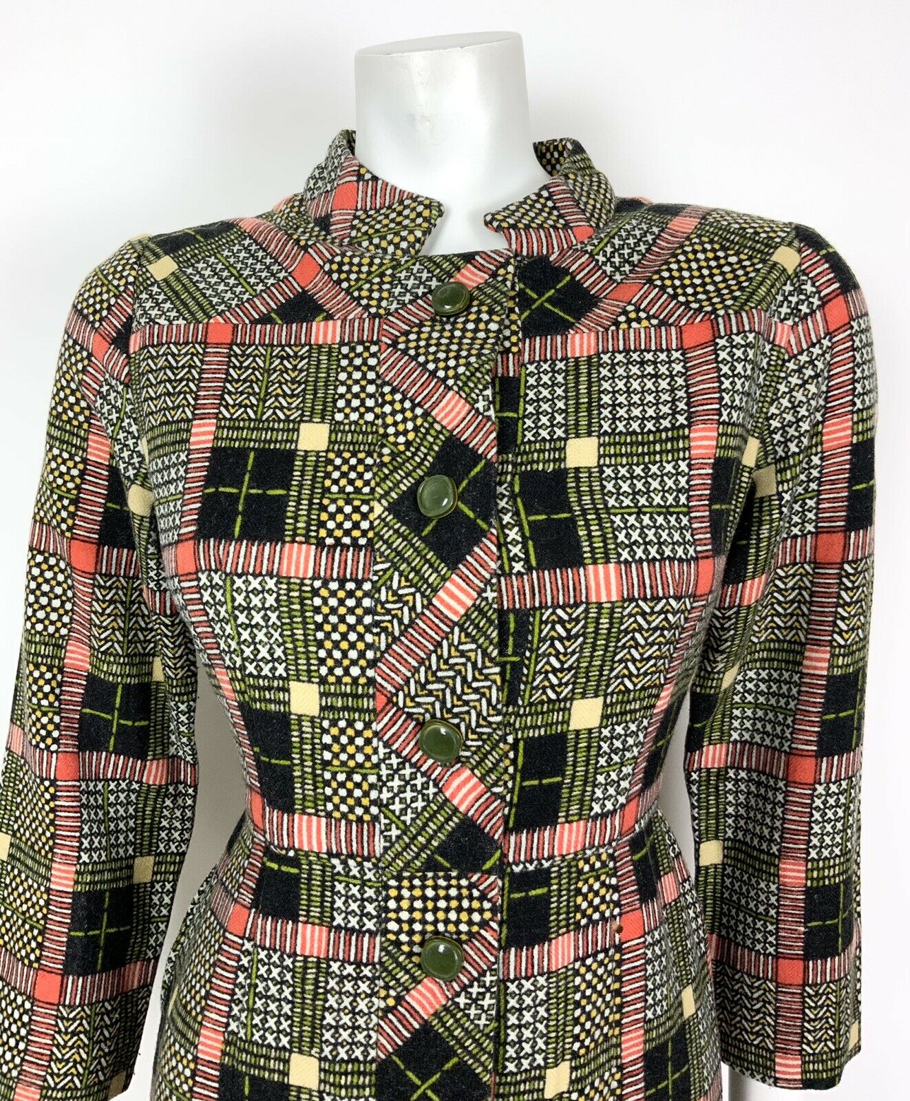 VINTAGE 60s 70s BLACK WHITE RED GREEN GEOMETRIC CHECKED MANDARIN DRESS 12 14