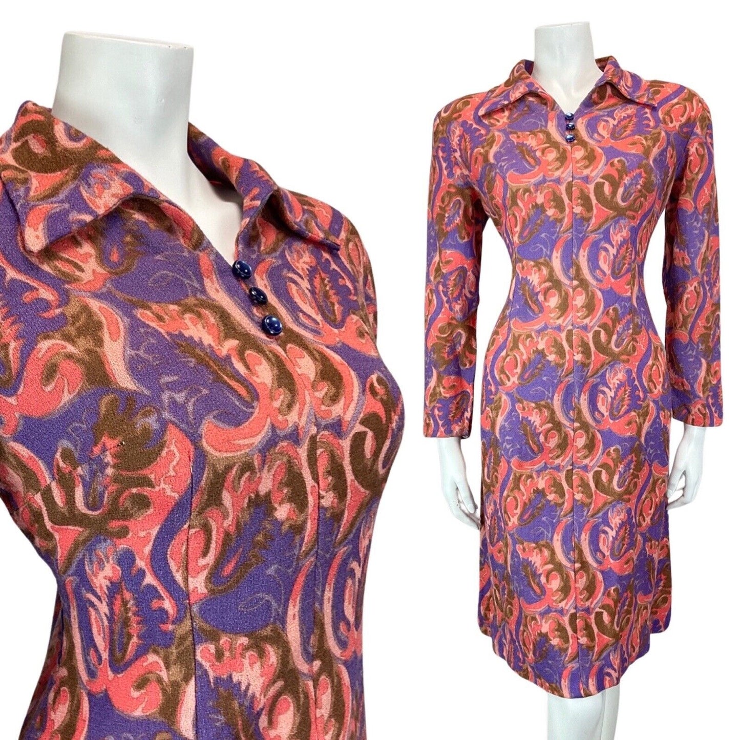 VINTAGE 60s 70s PURPLE PINK BROWN PSYCHEDELIC SWIRL MOD SHIRT DRESS 12 14