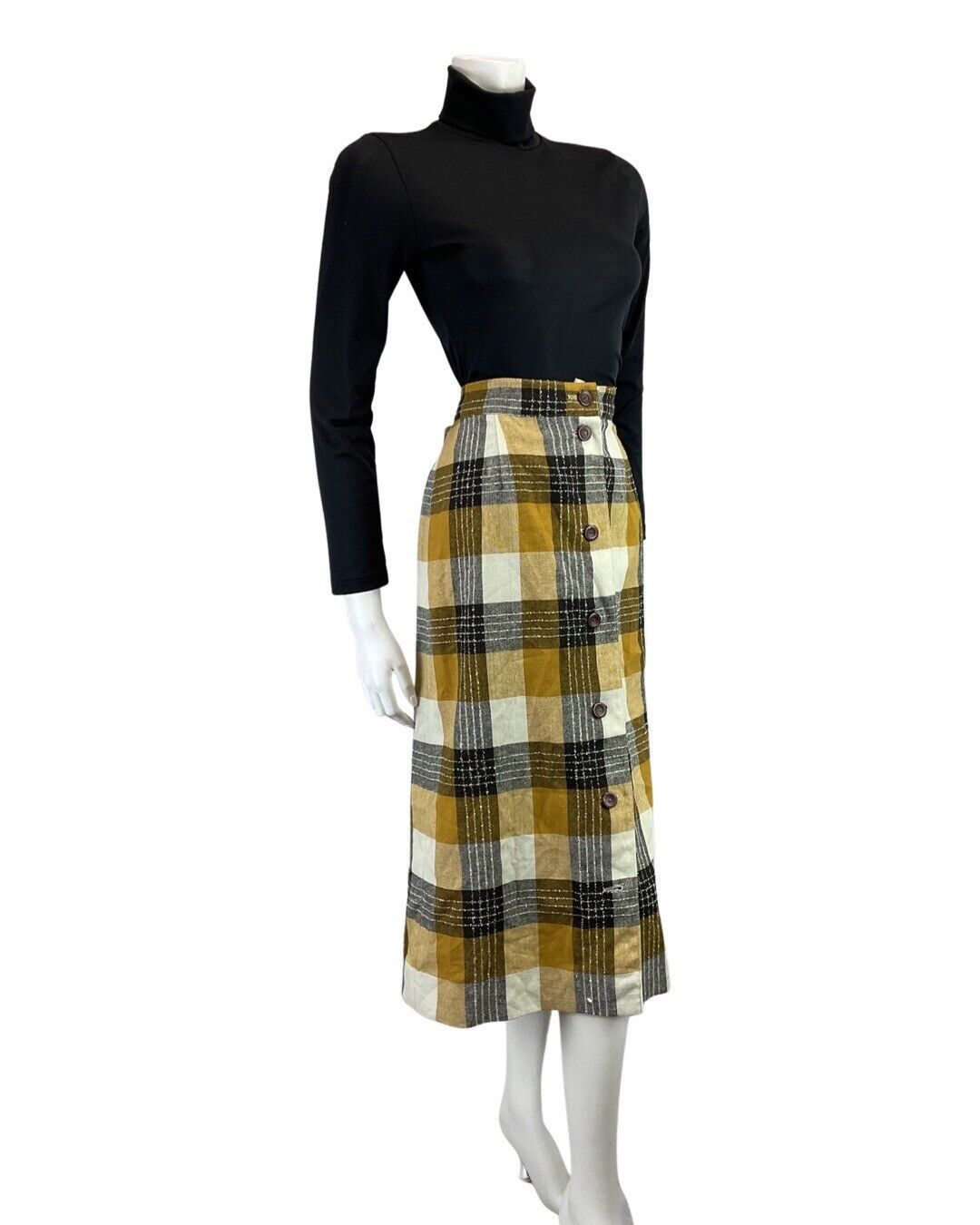 VINTAGE 60s 70s YELLOW BLACK WHITE CHECKED MOD WOOL KNEE-LENGTH SKIRT 12 14