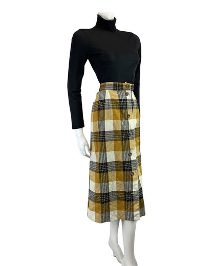 VINTAGE 60s 70s YELLOW BLACK WHITE CHECKED MOD WOOL KNEE-LENGTH SKIRT 12 14