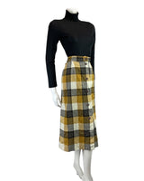 VINTAGE 60s 70s YELLOW BLACK WHITE CHECKED MOD WOOL KNEE-LENGTH SKIRT 12 14