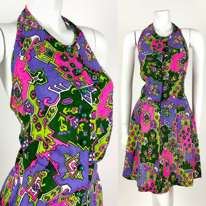 VTG 60s 70s NEON PINK PURPLE GREEN AZTEC PSYCHEDELIC HALTER MINI DRESS 12