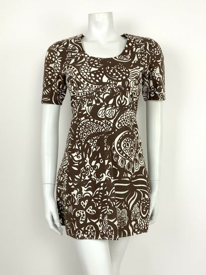 VTG 60s 70s WHITE BROWN PSYCHEDELIC FLORAL PAISLEY HANDPRINTED MINI DRESS 10