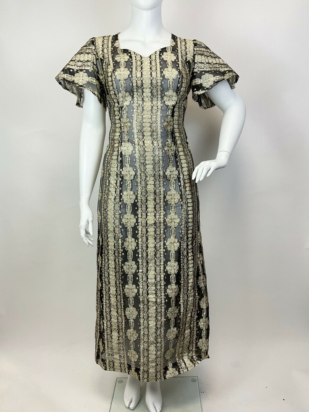 VTG 60s 70s GOLD BLACK LUREX STRIPED FLORAL BELL SLEEVE GLAM MAXI DRESS 20 22