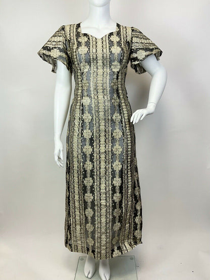 VTG 60s 70s GOLD BLACK LUREX STRIPED FLORAL BELL SLEEVE GLAM MAXI DRESS 20 22