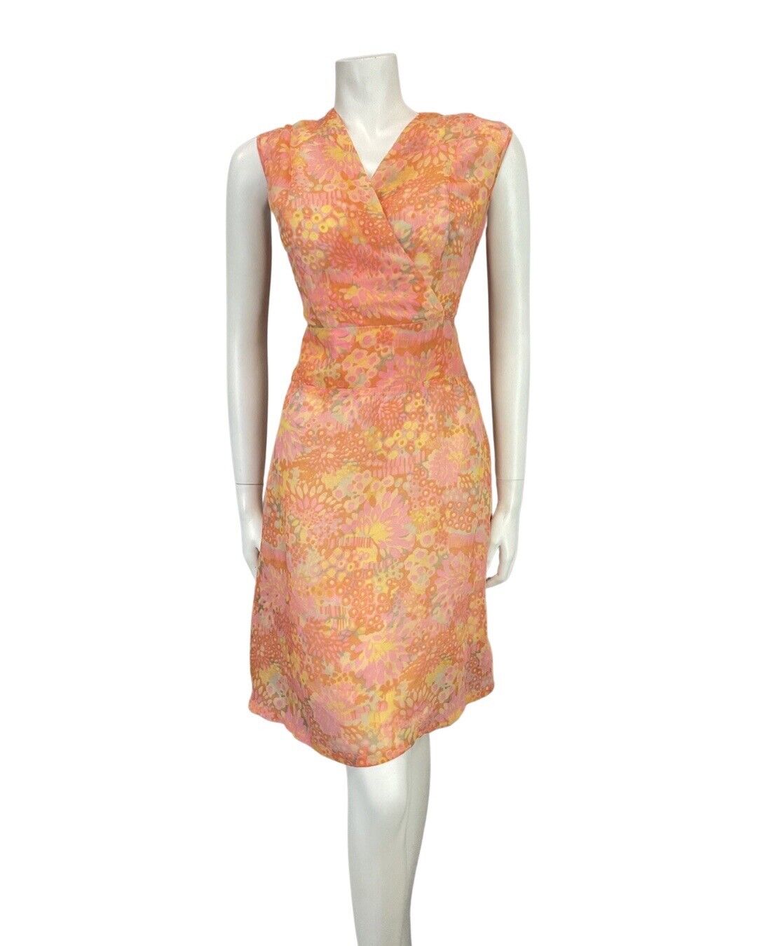 VTG 60s 70s ORANGE PINK YELLOW PSYCHEDELIC FLORAL SLEEVELESS DRESS BED COAT 12