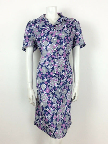 STUNNING VINTAGE 60S 70S PSYCHEDELIC BLUE PURPLE FLORAL TEA DRESS 16 18