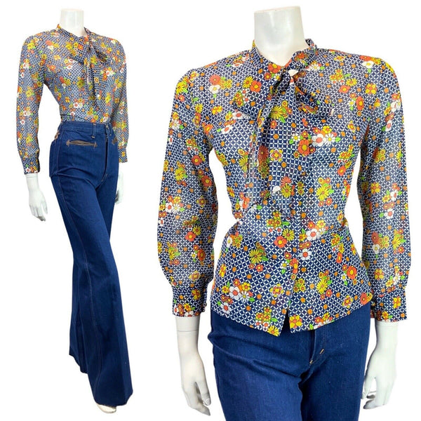 VINTAGE 60s 70s BLUE WHITE ORANGE CHECKED FLORAL PUSSYBOW SHEER BLOUSE 10 12