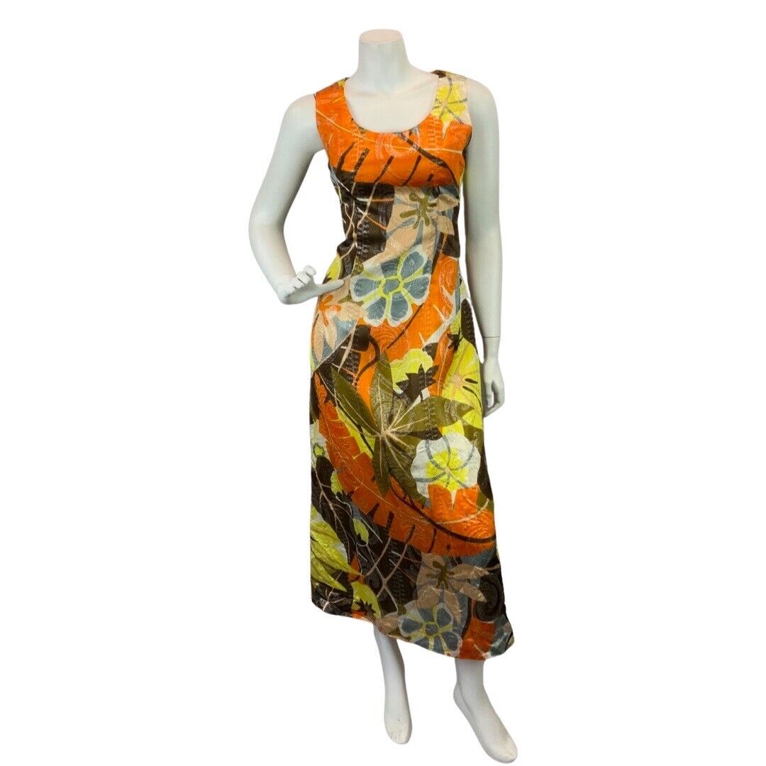 VINTAGE 60s 70s BROWN ORANGE YELLOW PSYCHEDELIC FLORAL LUREX MOD MAXI DRESS 10