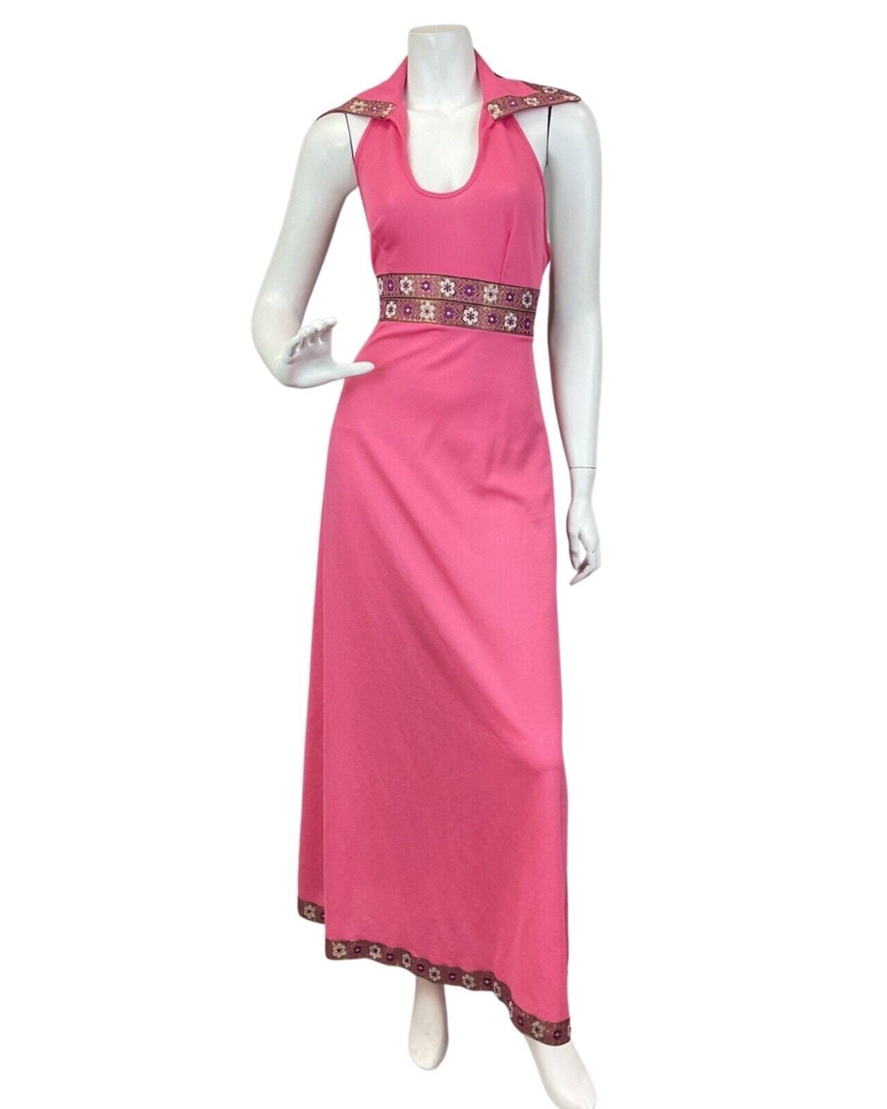 VINTAGE 60s 70s BRIGHT PINK GOLD FLORAL MOD HALTER WING COLLAR MAXI DRESS 8 10