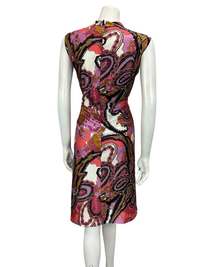 VINTAGE 60s 70s WHITE PINK BLACK PSYCHEDELIC PAISLEY PRINT MIDI DRESS 14