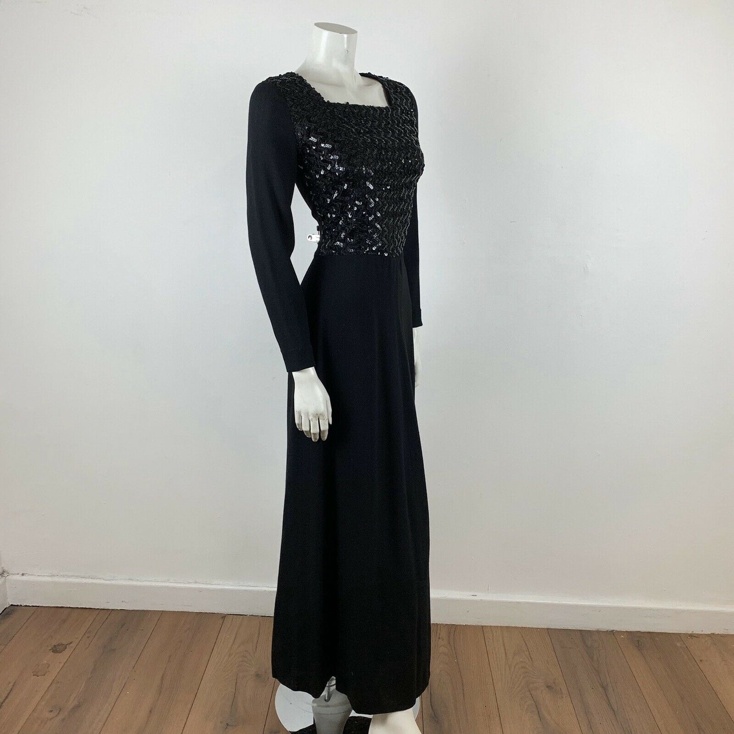 VINTAGE 60S BLACK SEQUIN CHEVRON EVENING PARTY MAXI DRESS 8 10