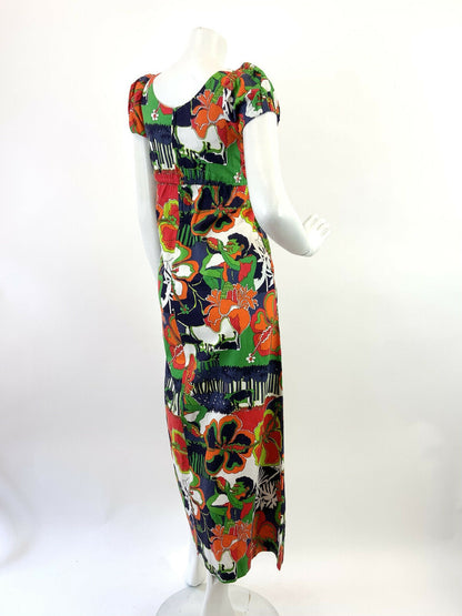 VINTAGE 60s 70s BLUE WHITE GREEN ORANGE HAWAIIAN FLORAL EMPIRE LINE MAXI DRESS 8