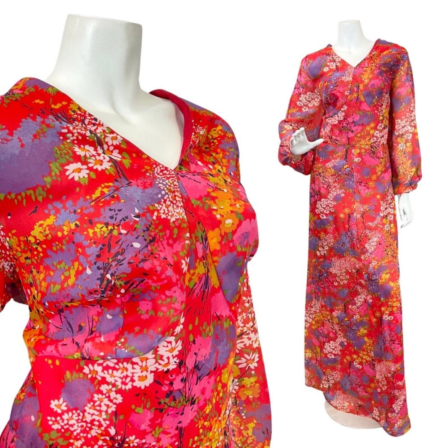 VINTAGE 60s 70s RED PURPLE WHITE DITSY FLORAL PSYCHEDELIC SHEER MAXI DRESS 16 18