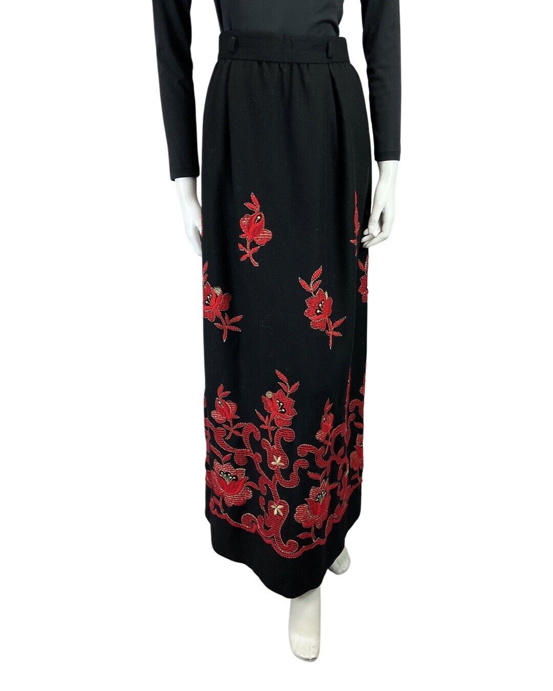 VINTAGE 60s 70s BLACK RED FLORAL EMBROIDERED BOHO FOLK WOOL MAXI SKIRT 6