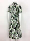 VINTAGE 70s SHIRT DRESS ABSTRACT GEOMETRIC GREEN BLACK WHITE 12 14