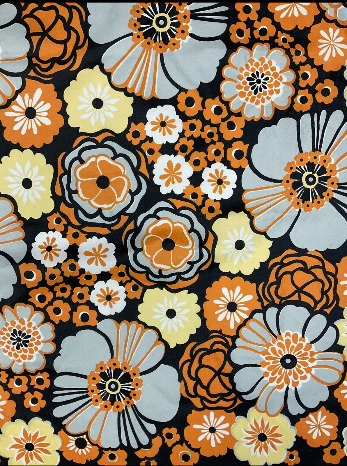 VINTAGE 60s 70s GREY BLACK ORANGE PSYCHEDELIC FLORAL MOD SQUARE SCARF