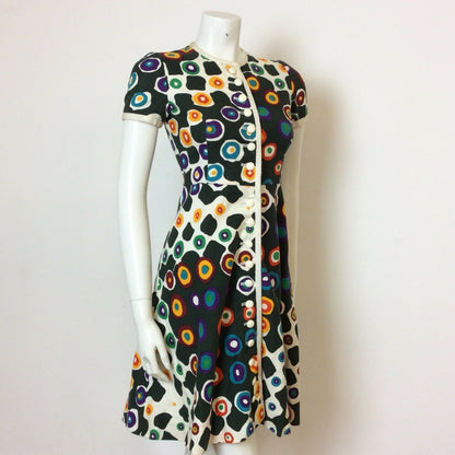 VINTAGE 60S LANVIN BUTTON FRONT OP ART ABSTRACT PRINT DRESS 6 8