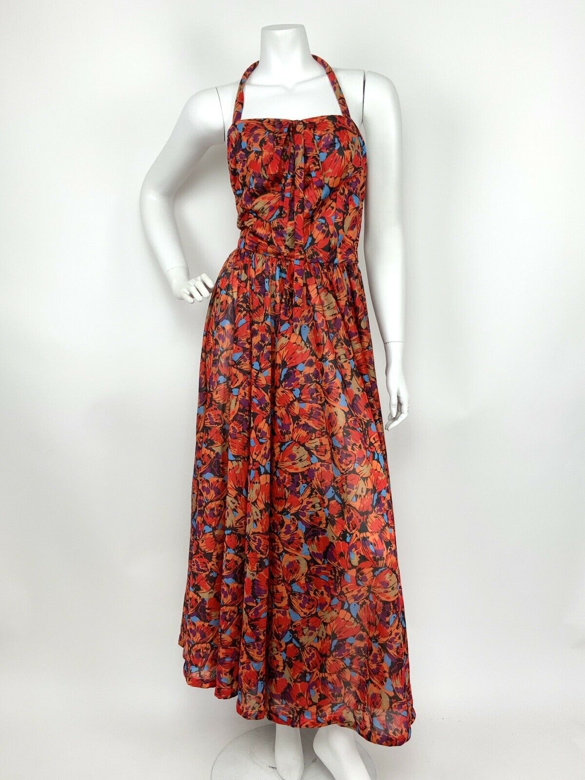 VTG 60s 70s RED ORANGE BLUE BLACK ABSTRACT BUTTERFLY HALTER MAXI DRESS 8 10