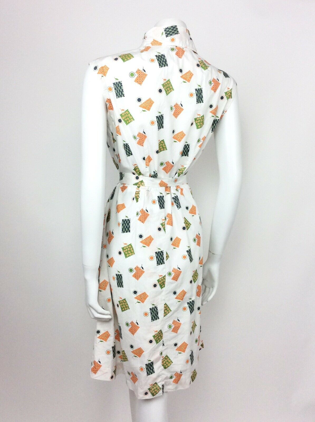 VINTAGE 60s 70s WHITE GEOMETRIC FLORAL ORANGE BLUE GREEN SHIRT DRESS 14