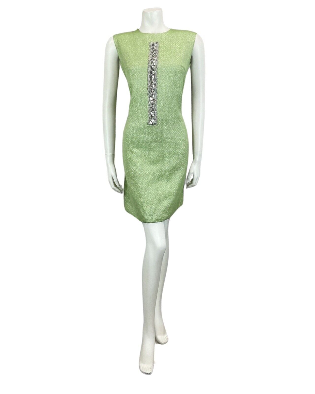 VINTAGE 60s 70s GREEN METALLIC SILVER MOD MINI PARTY CHRISTMAS EVENING DRESS 14