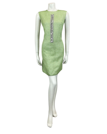 VINTAGE 60s 70s GREEN METALLIC SILVER MOD MINI PARTY CHRISTMAS EVENING DRESS 14